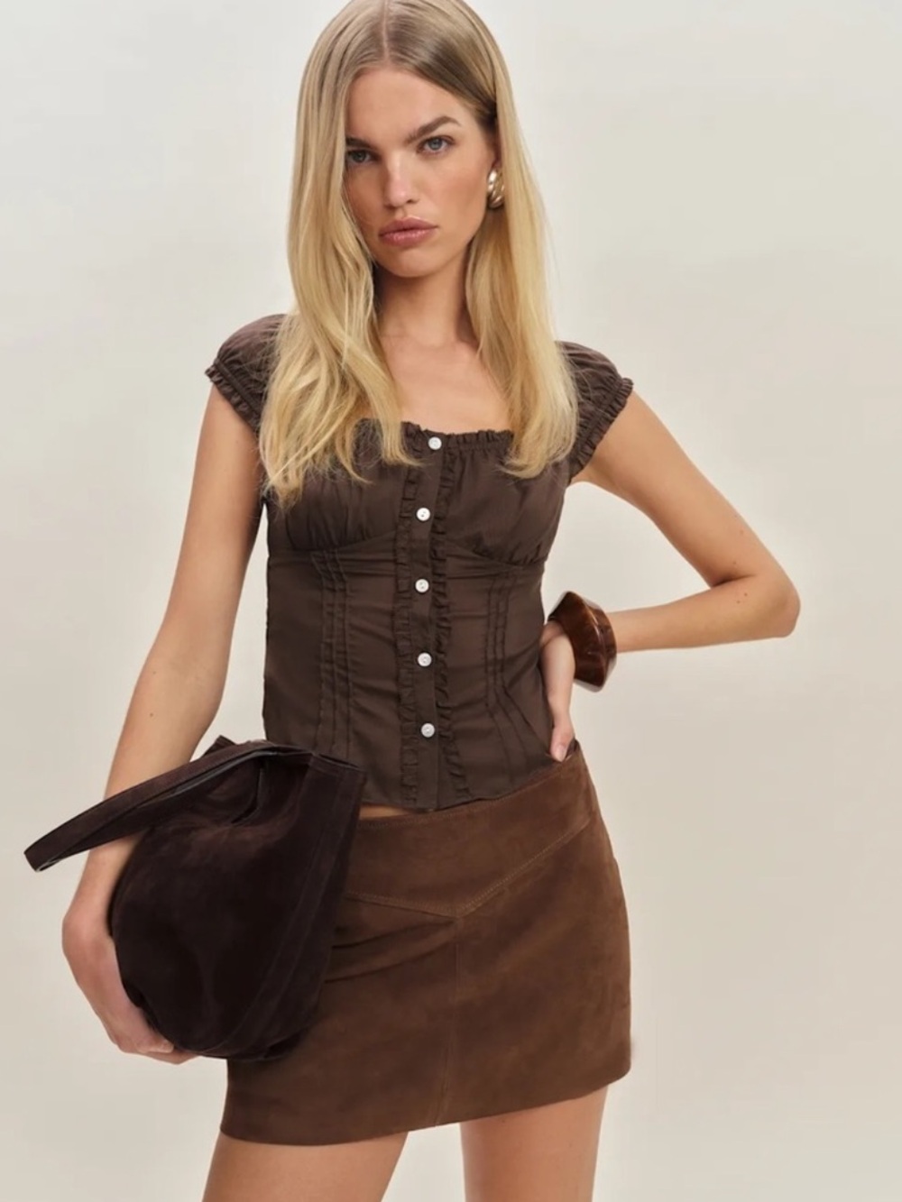 Reformation Layla Low Waist Suede Skirt in Chocolate Cake